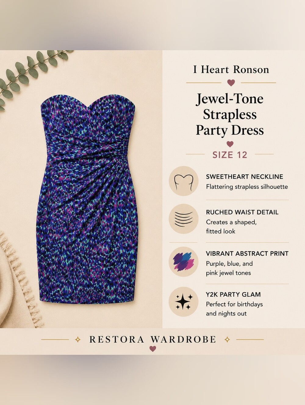 I Heart Ronson Strapless Bodycon Dress Purple Ruched Size 12 Y2K